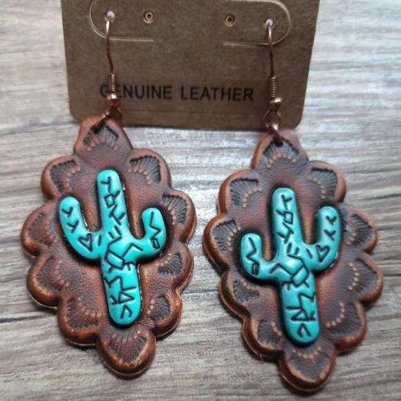 real leather earrings new  catus never worn as is - Picture 1 of 1
